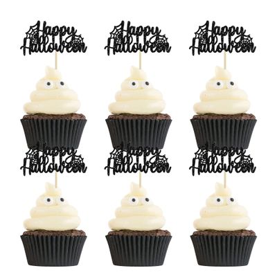 24Pcs Happy Halloween Cupcake Toppers - Black Spider Web Glitter Picks for Halloween Theme Baby Shower Birthday Party Cake Decorations Supplies