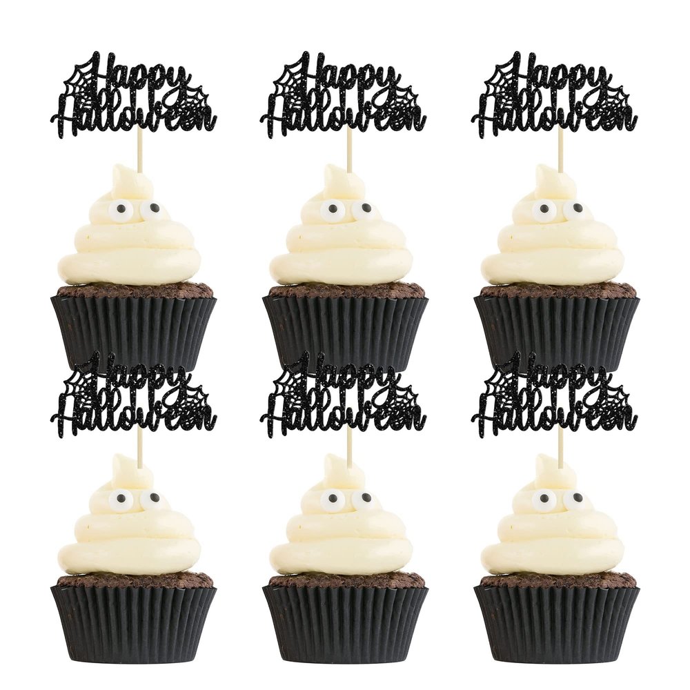 24Pcs Happy Halloween Cupcake Toppers - Black Spider Web Glitter Picks for Halloween Theme Baby Shower Birthday Party Cake Decorations Supplies