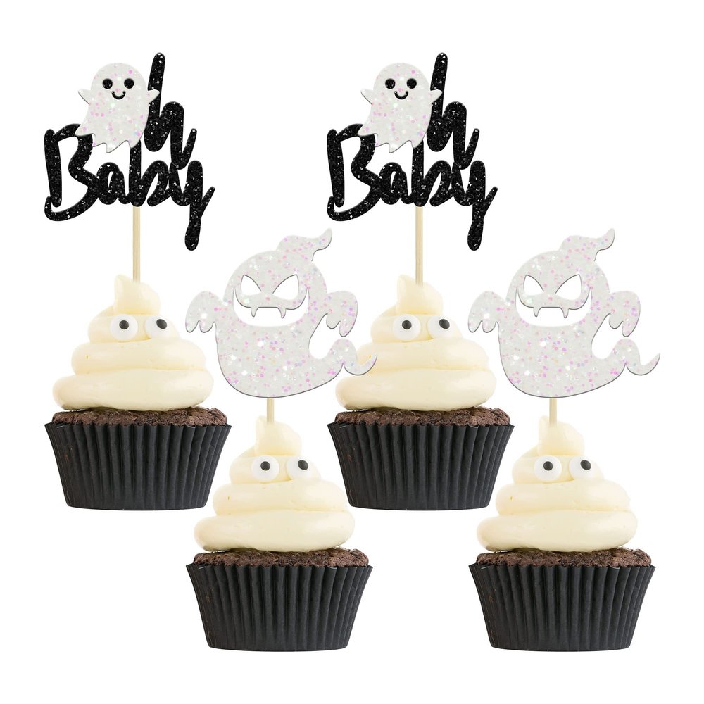 24Pcs Halloween Oh Baby Cupcake Toppers Black White Little Boo Cupcake Picks for Halloween Theme Kids Babyshower Party Decorations Supplies