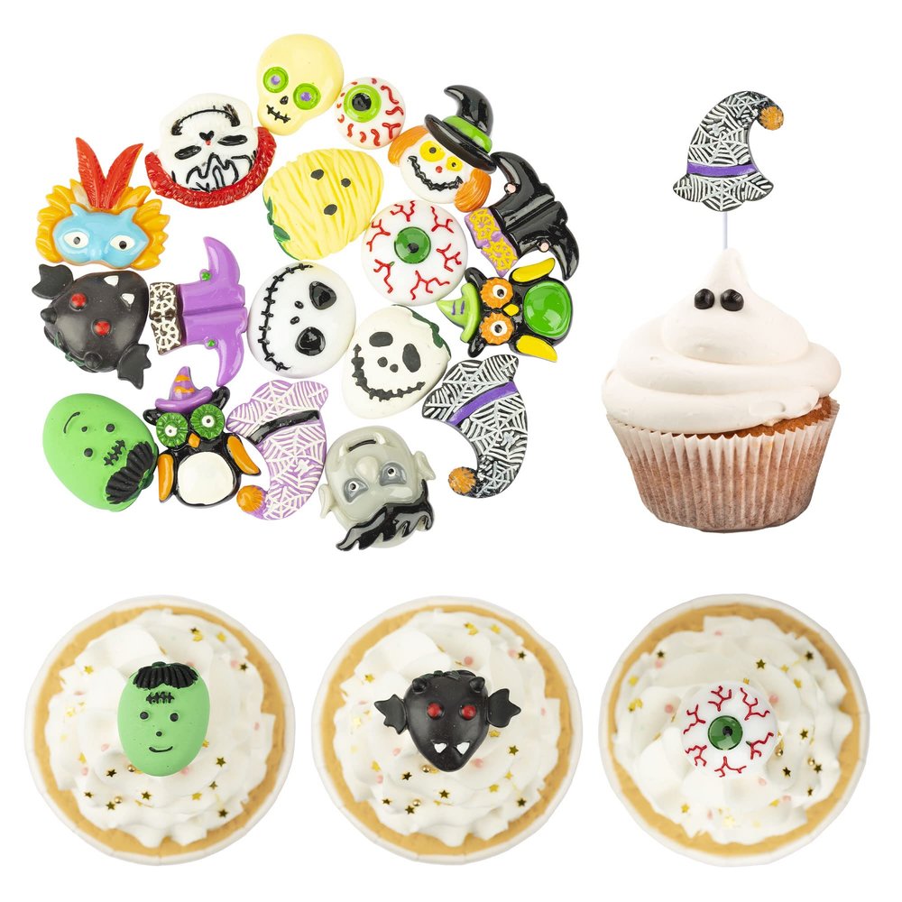 18Pcs Resin Halloween Cupcake Toppers Horror Classic Movie Face Eye Hat Cake Toppers Decorations for Kids Boys Girls Halloween Birthday Baby Shower Party Supplies