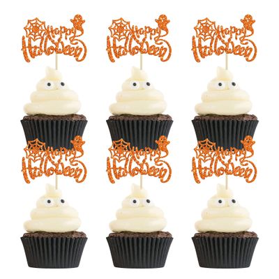 24Pcs Happy Halloween Cupcake Toppers Orange Glitter Ghost Spider Halloween Cake Topper Decorations for Halloween Theme Kids Babyshower Party Decorations Supplies