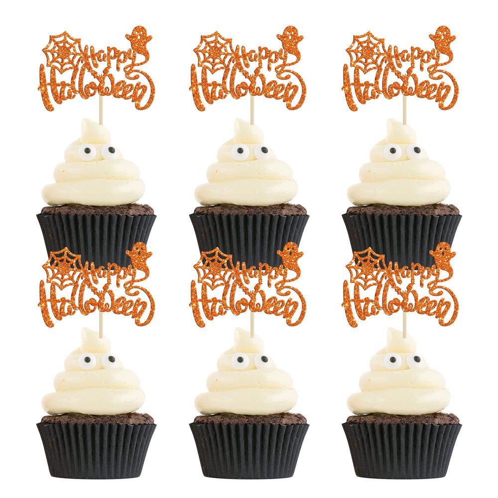 24Pcs Happy Halloween Cupcake Toppers Orange Glitter Ghost Spider Halloween Cake Topper Decorations for Halloween Theme Kids Babyshower Party Decorations Supplies