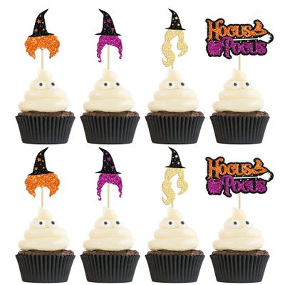 24Pcs Hocus Pocus Cupcake Toppers Glitter Witch Hair Hat Halloween Cupcake Picks for Halloween Theme Baby Shower Kids Boys Girls Birthday Party Cake Decorations Supplies