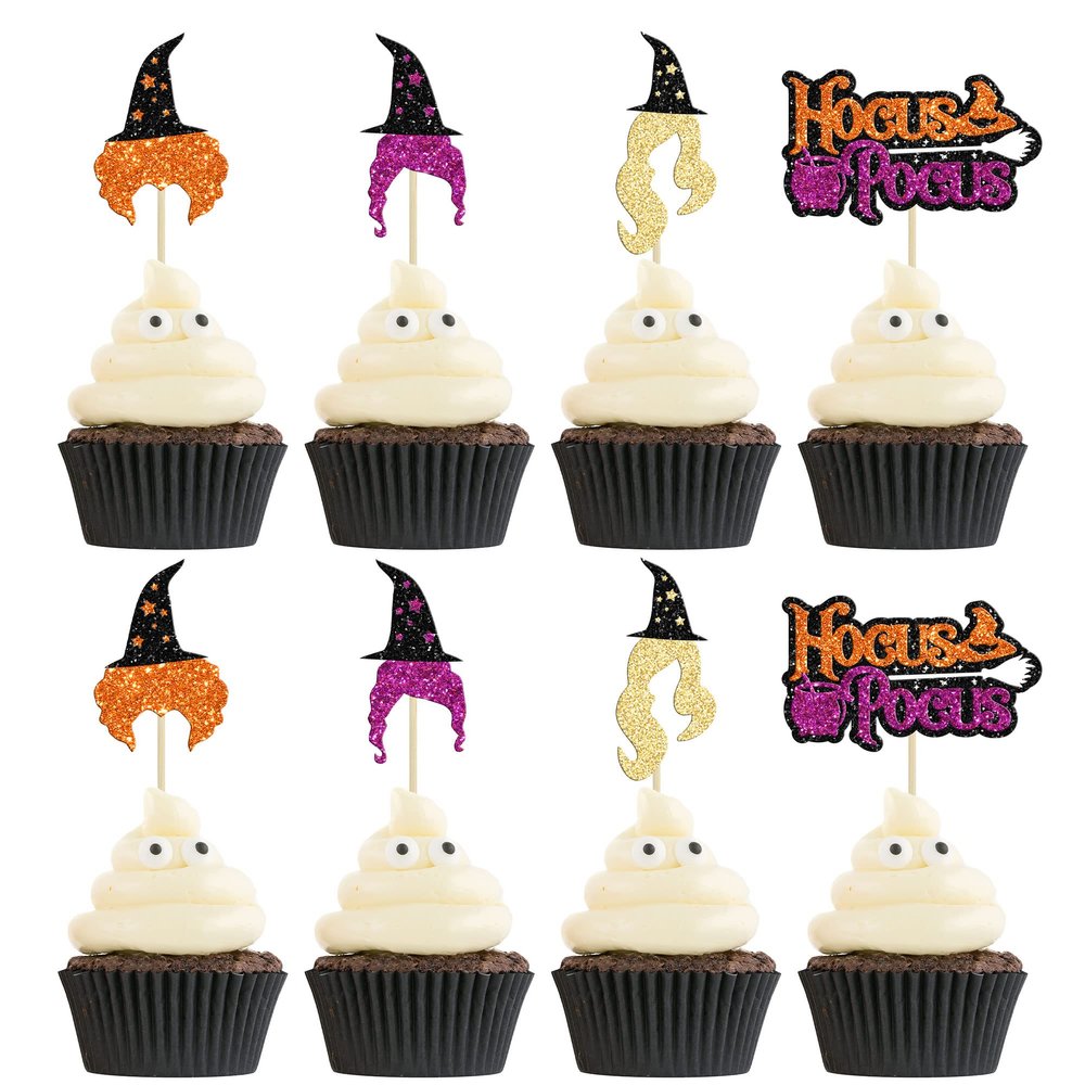 24Pcs Hocus Pocus Cupcake Toppers Glitter Witch Hair Hat Halloween Cupcake Picks for Halloween Theme Baby Shower Kids Boys Girls Birthday Party Cake Decorations Supplies