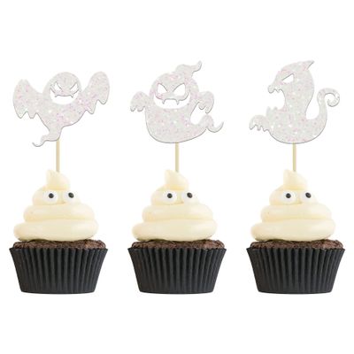 24Pcs Halloween Cupcake Toppers White Glitter Ghost Cake Toppers Decorations for Halloween Theme Baby Shower Gender Reveal Decorations