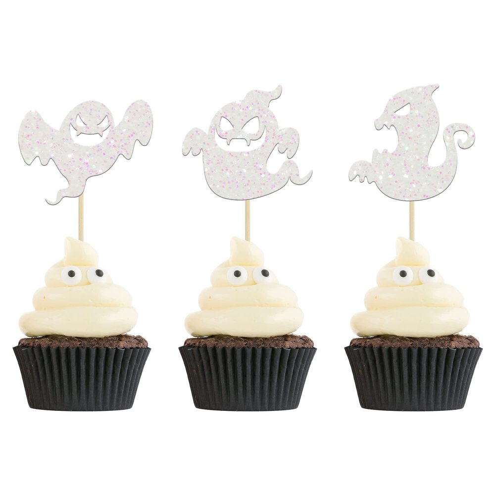 24Pcs Halloween Cupcake Toppers White Glitter Ghost Cake Toppers Decorations for Halloween Theme Baby Shower Gender Reveal Decorations