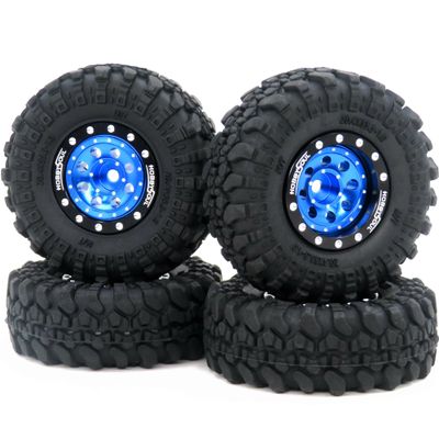 HOBBYSOUL RC 1.0 Tires & Heavy Adjustable Offset 1.0 Beadlock Wheels Black Blue for 1/24 RC Crawler Car Truck Axial SCX24 Upgrade,(4-Pack, Assembled)