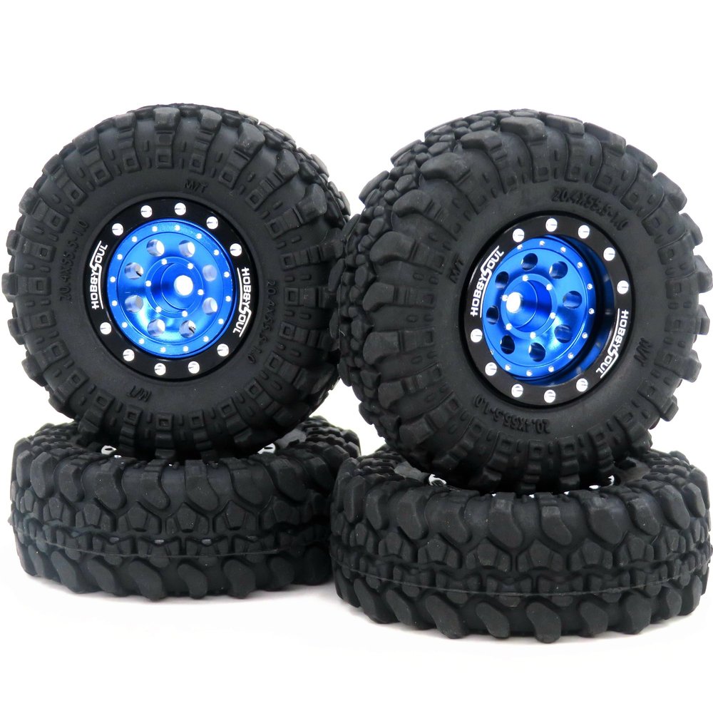 HOBBYSOUL RC 1.0 Tires & Heavy Adjustable Offset 1.0 Beadlock Wheels Black Blue for 1/24 RC Crawler Car Truck Axial SCX24 Upgrade,(4-Pack, Assembled)
