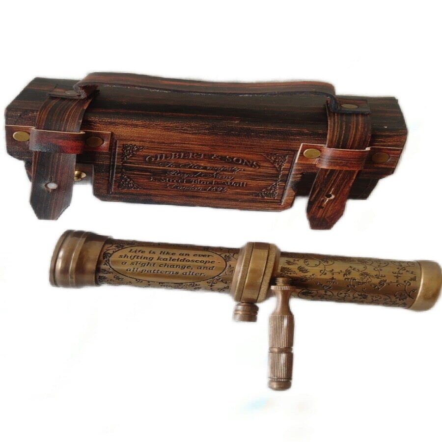 Brass Kaleidoscope with Leather Box Antique Nautical Handmade Engraved Kaleidoscope Unique Brass Base Vintage Kaleidoscope Gift by M/S Nautical Personalized