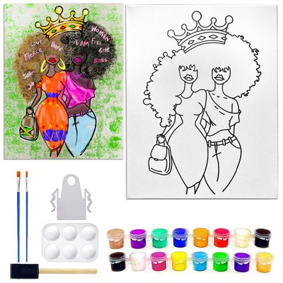 11x14 Canvas Paint Kit | Pre Drawn Stretched Cotton Canvas | Birthday Gift | Adult Sip and Paint Party Favor | Afro Besties Sisters 11x14