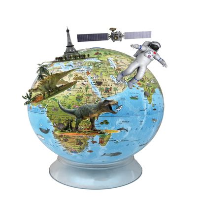 Day/Night Illuminated 12" Diameter Augmented Reality Kids Globe with Free Mount Base, Two way Map and Touch Light Control. The Day globe shows the striking colors of a blue ocean political map with 100 of drawings of ocean life, people, landmarks whe