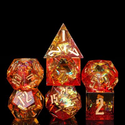 Cusdie Sharp Edges DND Dice, 7 PCs D&D Dice, Handcrafted Polyhedral Dice Set, for Role Playing Game Pathfinder (Red w/Yellow Sparkle)