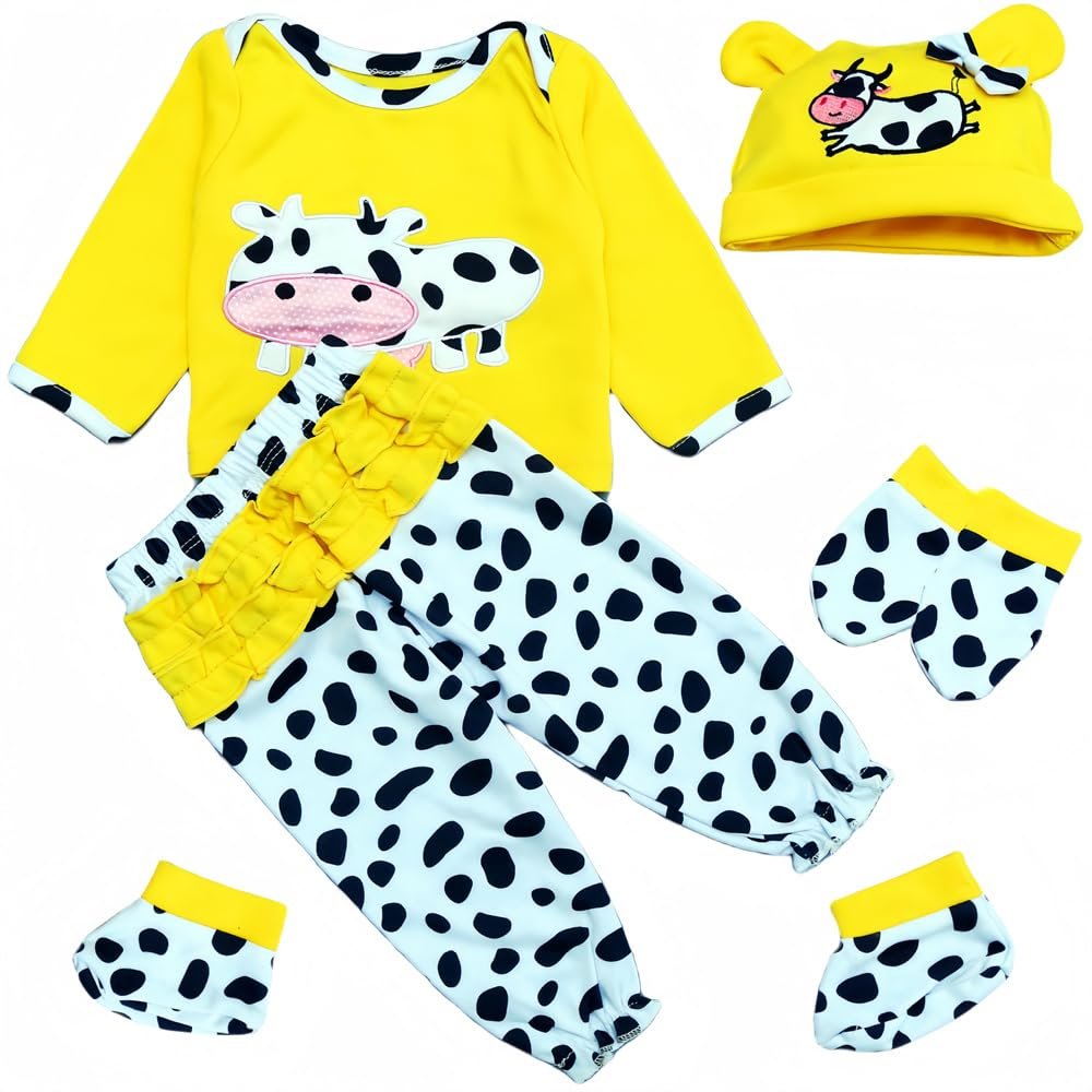 Reborn Baby Dolls Clothes 20 inch Outfit Accessories Yellow Cow 5pcs Set for 17-23 Inch Reborn Doll Newborn Girl&Boy Clothing SetSuper Cute Yellow Cow 5pcs Set