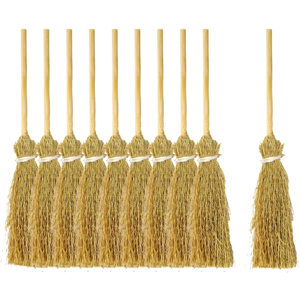Honbay 10PCS Miniature Artificial Mini Straw Brooms with Red Ropes Halloween Straw Craft Decoration Witches Accessory for Costume Cosplay Party (6.89")
