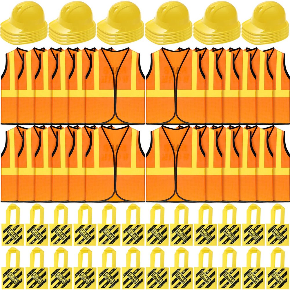 72 Pcs Construction Vest for Kids Construction Dressing up Supplies Including 24 Vests 24 Construction Hats and 24 Construction Tote Bags, Birthday Favor Costume for Birthday Party Costume Party
