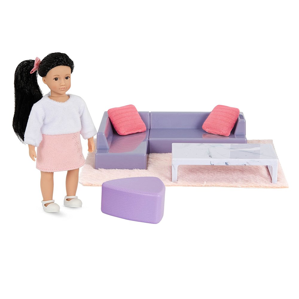 Lori Yuni's Cozy Sofa Set Mini Doll & Living Room Furniture 6-Inch Doll & Dollhouse Accessories Sofa, Pouffe, Table, Rug, Pillows Play Set for 3+ Years