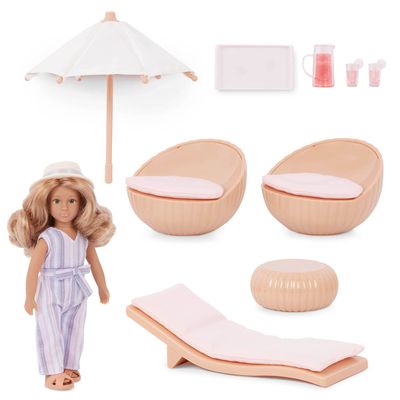 Lori Marina's Terrace Set Mini Doll & Toy Terrace Furniture 6-Inch Doll & Dollhouse Accessories Chairs, Table, Umbrella, Lemonade Play Set for Kids 3+ Years