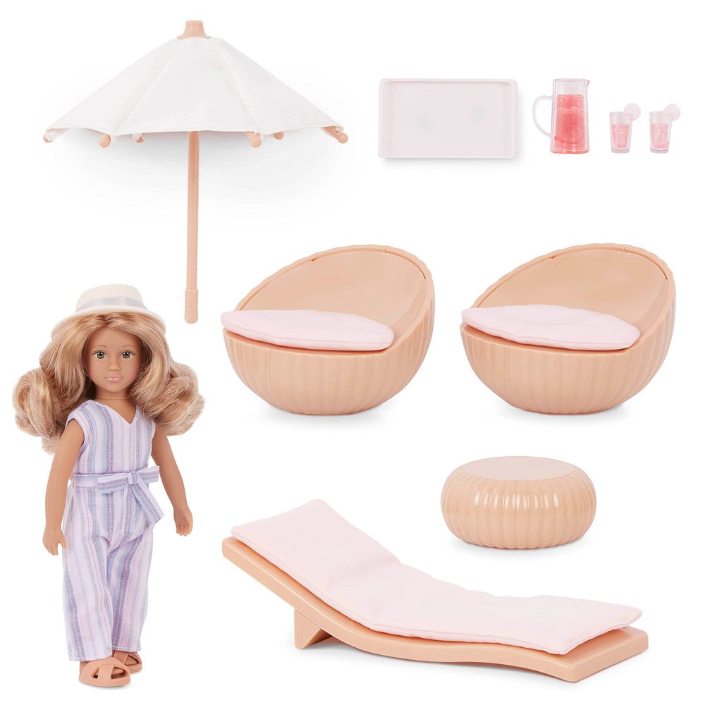 Lori Marina's Terrace Set Mini Doll & Toy Terrace Furniture 6-Inch Doll & Dollhouse Accessories Chairs, Table, Umbrella, Lemonade Play Set for Kids 3+ Years