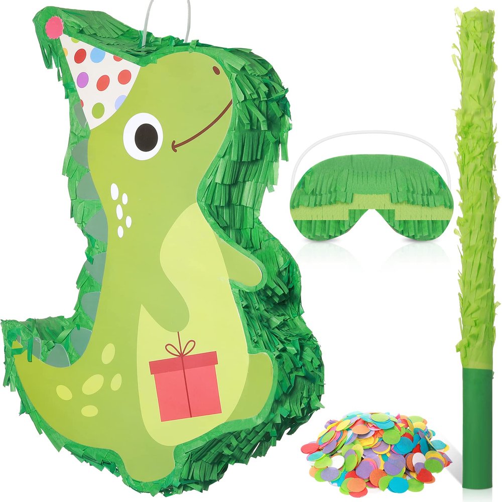 Dinosaur Piata with a Blindfold and Stick Cute Dino Piata for Easter Mexican Fiesta Birthday Decorations Animal Dinosaur Themed Party Favors (Green)