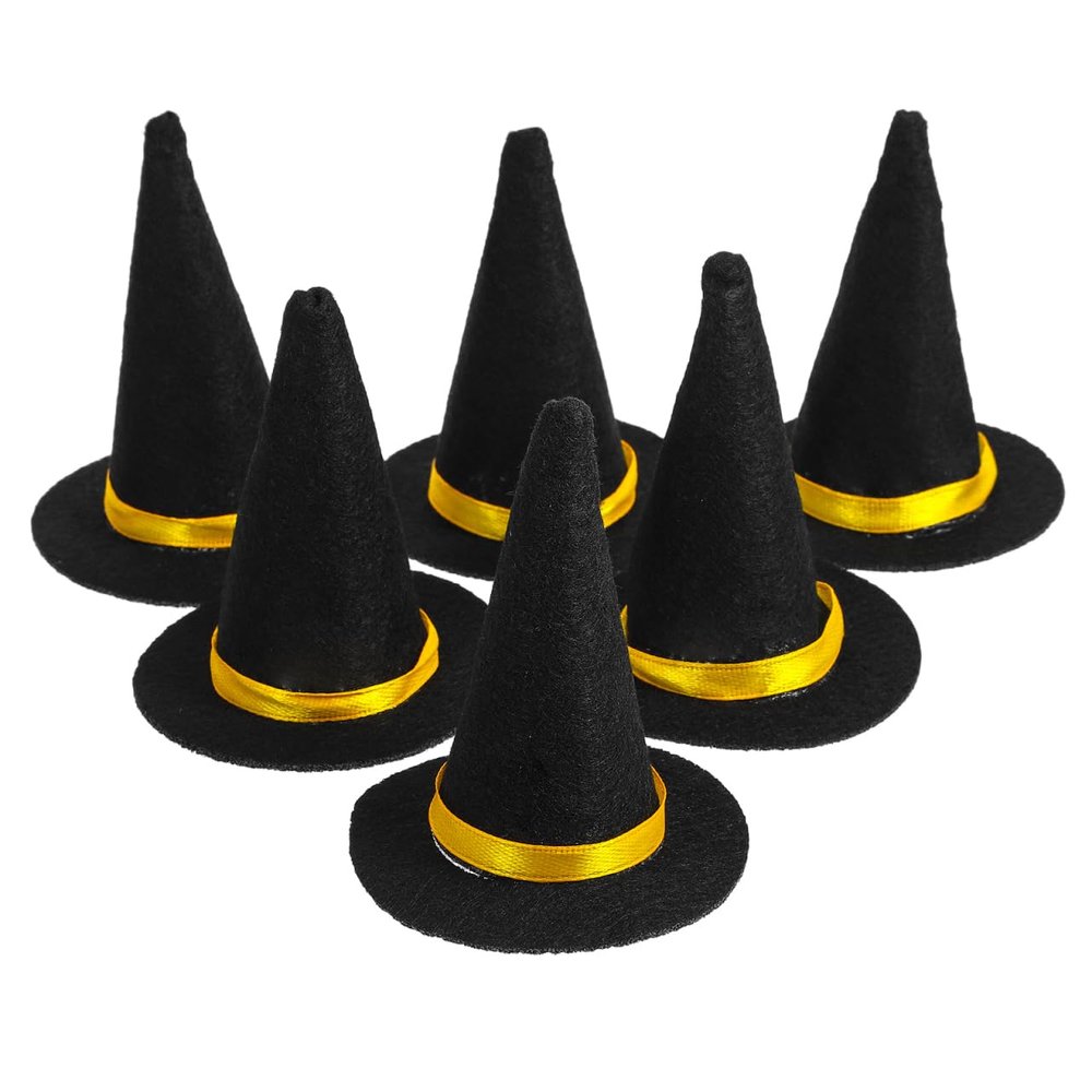 Amosfun 6Pcs Mini Felt Witch Hats 3.14 Inch Halloween Wine Bottle Decor Diy Craft Hair Accessories Party Supplies