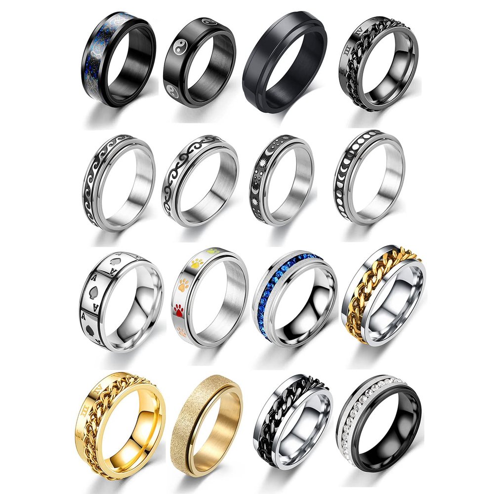 16Pcs Stainless Steel Rings for Men, Cool Male Spinner Ring Set, Sliver Fidget Rings, Black Mens Band Ring Pack, Fidget Rings for Anxiety for Women (16pcs, 9)