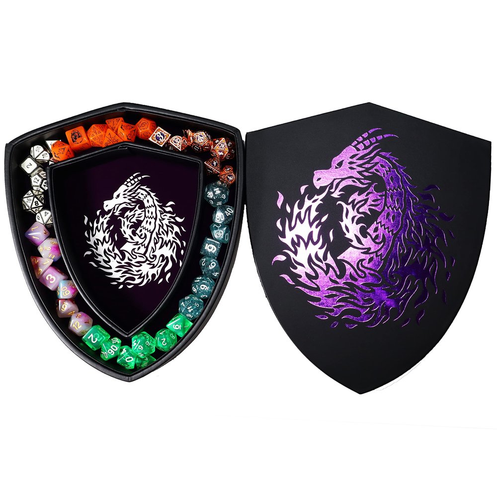 Fantasydice Shield Dice Tray Purple Fire Dragon with Lid and Dice Staging Area- Holds 6 Sets(7 Dice Set/Standard) for All Tabletop Games