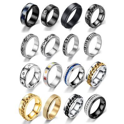 16Pcs Stainless Steel Rings for Men, Cool Male Spinner Ring Set, Sliver Fidget Rings, Black Mens Band Ring Pack, Fidget Rings for Anxiety for Women (16pcs, 8)