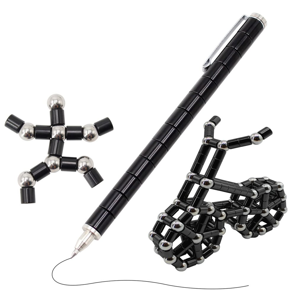 Magnetic Fidget Pen with 13 Rings - Decompression Magnet Pen, Creative Writing Toy, Stress Relief Gift (Black)