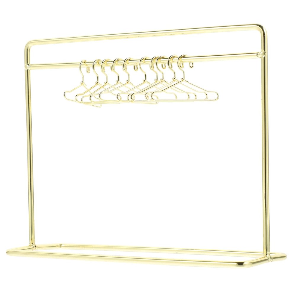 NUOBESTY Miniature Golden Iron Doll Clothes Rack with 10 Mini Hangers for Dollhouse Furniture and Doll Clothing Storage, 5.90x4.72x2.16 Inches