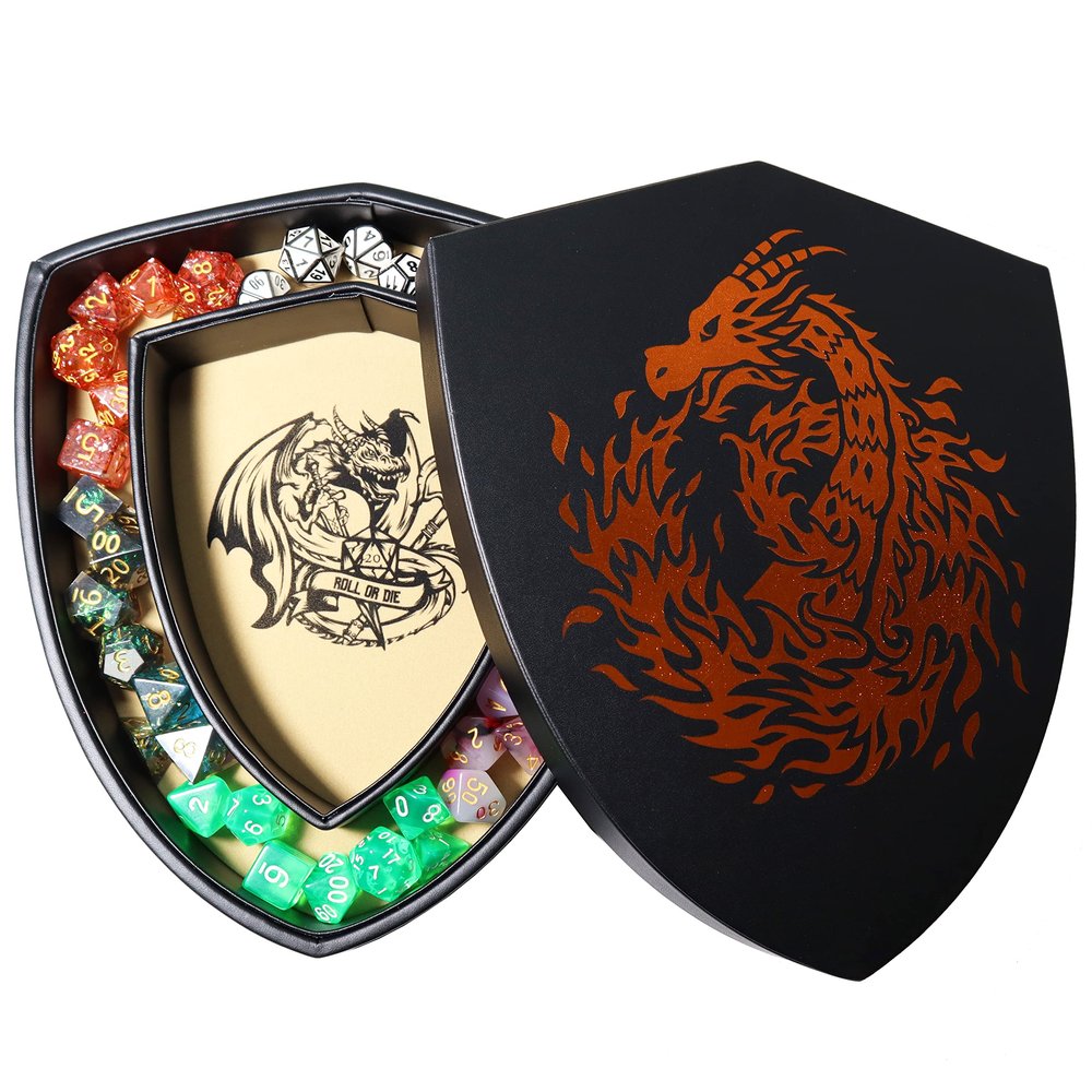 Fantasydice Shield Dice Tray Chromatic Fire Dragon with Lid and Dice Staging Area- Holds 6 Sets(7 Dice Set/Standard) for All Tabletop Games