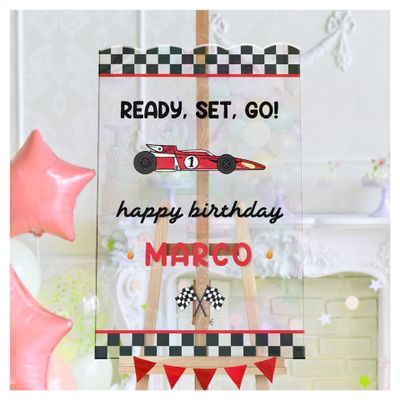 Personalized Ready Set Go! Race Car Happy Birthday Welcome Sign - Customized Red Car Birthday Celebration Decor - Custom Racing Car Theme Birthday Party Sign (PVC Board)