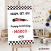 Personalized Ready Set Go! Race Car Happy Birthday Welcome Sign - Customized Red Car Birthday Celebration Decor - Custom Racing Car Theme Birthday Party Sign (PVC Board) view 3
