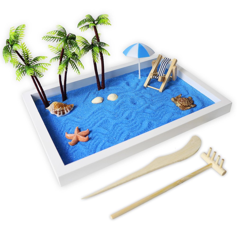 Timani Zen Garden for Desk - Zen Garden Sand Kit, Artificial Palm Tree, Rakes & Accessories - Meditation Decor Office Home Desktop Relaxation Sandbox Decor. 11"x8" Inches Wooden Rectangular Tray