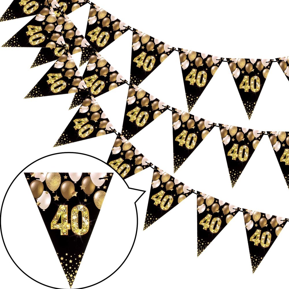 40TH Birthday Pennant Banner Gold Black Happy Birthday Triangular Bunting with 20 Flags Double Sided Hanging Garland for Men Women Anniversary Birthday Ceremonies Party Decoration, 19.7FT