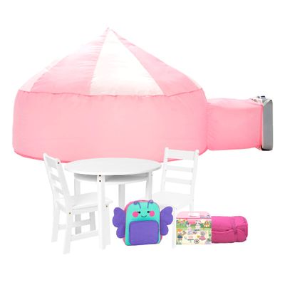AVENTIS Childs White Round Table with Shelf & 2 Chairs Fun Blushing Sleepover Bundle with Pink Air Tent Fort, Butterfly Backpack, Magnetic Animal Playset Kit, & Leopard Nap Mat Ages 3+