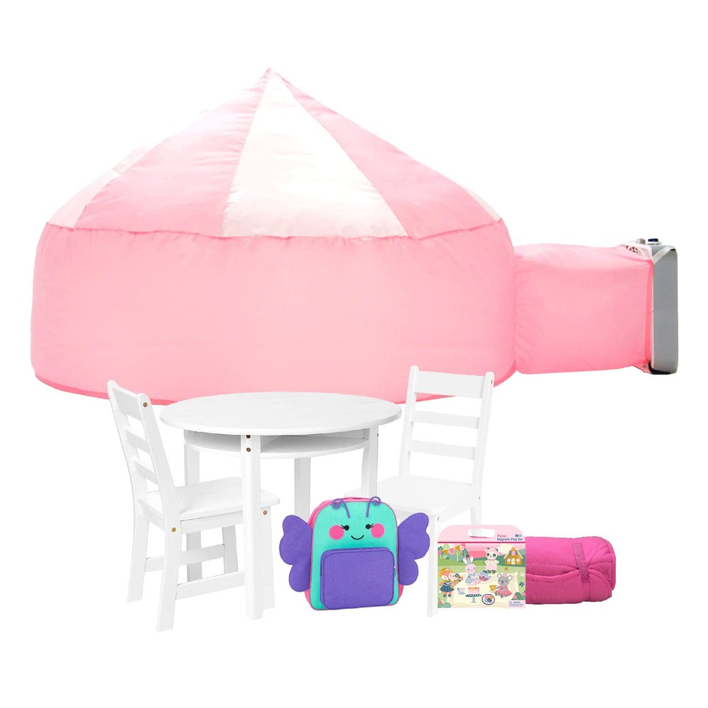 AVENTIS Childs White Round Table with Shelf & 2 Chairs Fun Blushing Sleepover Bundle with Pink Air Tent Fort, Butterfly Backpack, Magnetic Animal Playset Kit, & Leopard Nap Mat Ages 3+