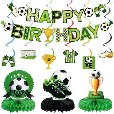 Hanaive 16 Pcs Soccer Birthday Party Decorations Include Soccer Happy Birthday Banner, Table Centerpieces, Paper Cutouts, Hanging Swirl for Boys Sports Football Party Decor
