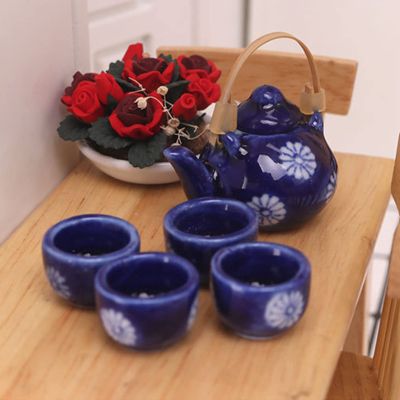 Mini Teapot Sets 1/12 Scale Miniature Dollhouse Tea Sets - Decorative Ceramics Tea Cup Japanese Style Porcelain Tea Kit Dollhouse Accessories for Kitchen Decor Navy Blue