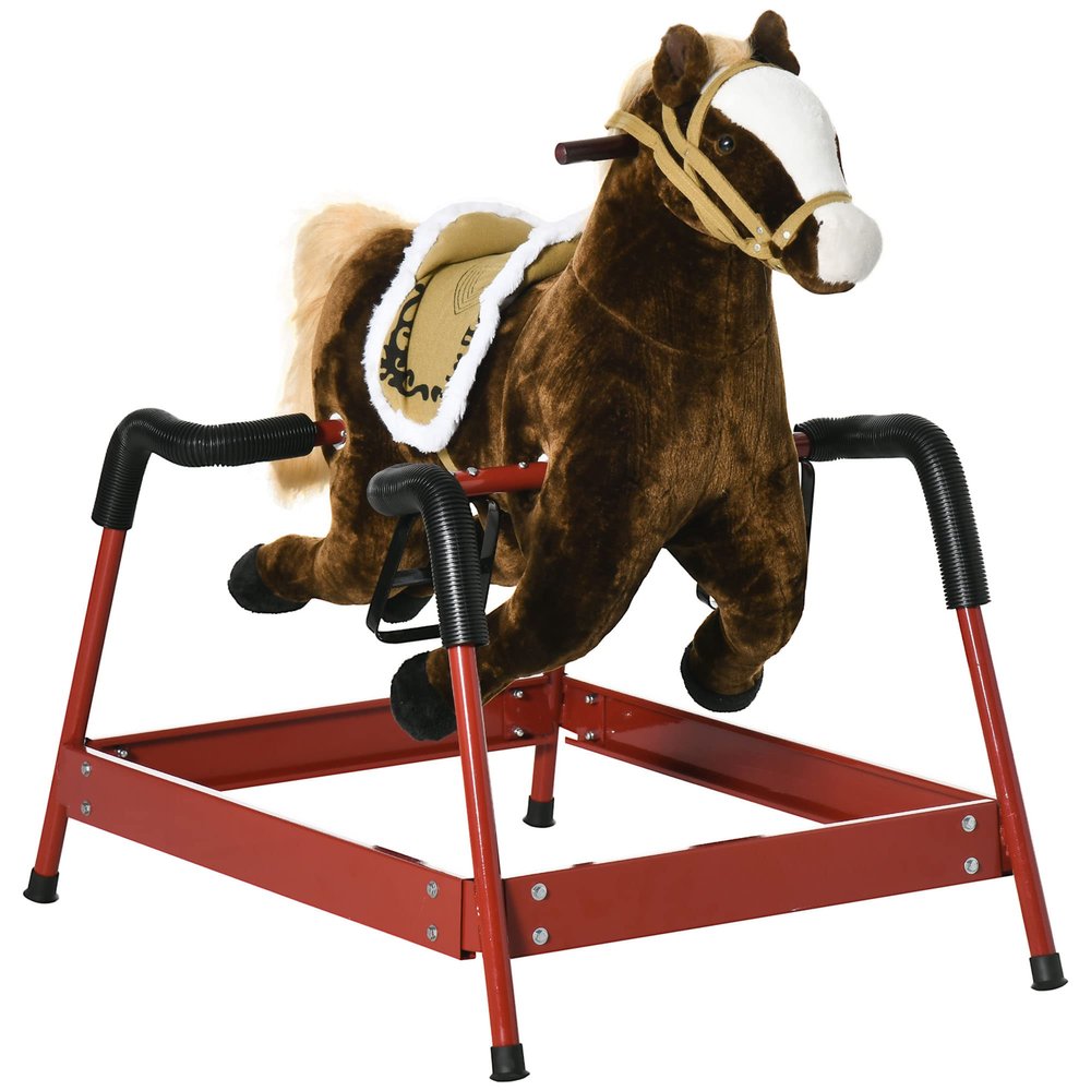 Qaba Kids Spring Rocking Horse, Ride on Horse for Girls and Boys with Animal Sounds, Plush Animal Ride-on Toy with Soft Feel, Interactive Toy for Kids, Dark Brown