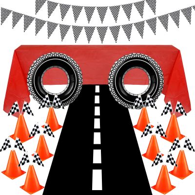 Cindeer 30 Pcs Checkered Racing Car Party Decorations Checked Race Flag Tablecloth Mini Traffic Cones Racing Pennant Banner Decor for Race Track Running Mat Tire Tube(Red Tablecloth)