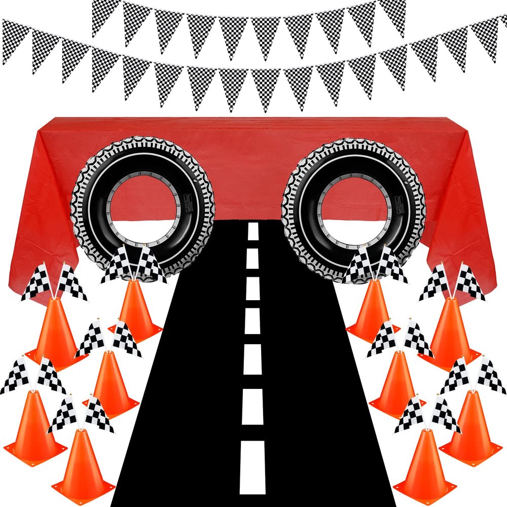 Cindeer 30 Pcs Checkered Racing Car Party Decorations Checked Race Flag Tablecloth Mini Traffic Cones Racing Pennant Banner Decor for Race Track Running Mat Tire Tube(Red Tablecloth)