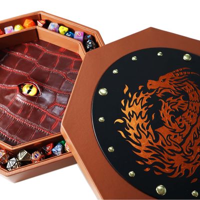 Fantasydice 12" Fire Dragon Eye Dice Tray with Lid  Extra-Large Octagon with Dice Staging Area, Holds 7 Full Dice Sets  Ideal for Tabletop RPGs and Board Games