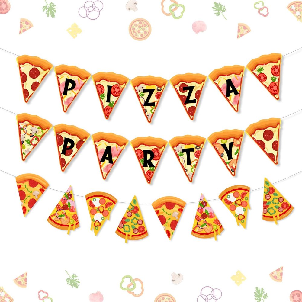 Fangleland Pizza Party Time Pennant Banner - Fast Food Pizza Sign Garland for Baby Shower, Birthday Party Supplies