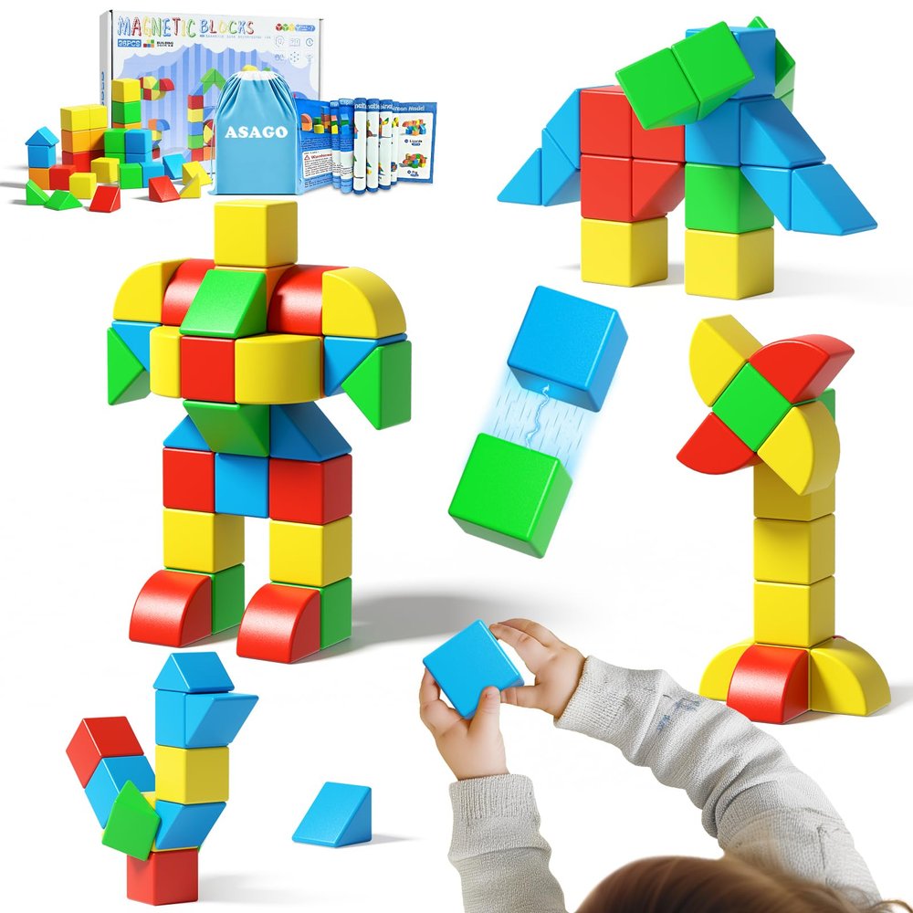 Asago Magnetic Blocks for Toddlers, 1.34 inch 36PCS Kids Building Toys, Creative Stacking Colorful Sensory Block with Magnet, Educational Construction Cubes Set for Boys Girls Kids Ages 3 4 5 6 7 Year