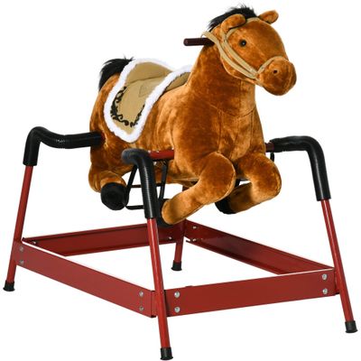 Qaba Kids Spring Rocking Horse, Ride on Horse for Girls and Boys with Animal Sounds, Plush Animal Ride-on Toy with Soft Feel, Interactive Toy for Kids, Light Brown