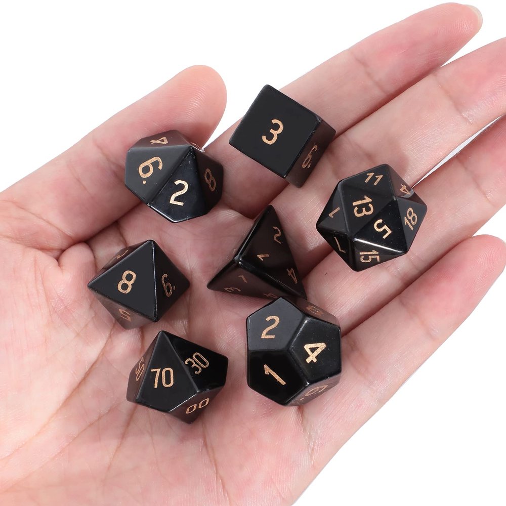 Loveliome 7 PCS Polyhedral DND Dice Stone Crystal Set for RPG Role Playing Games Dungeons and Dragons Table Games, Black Obsidian