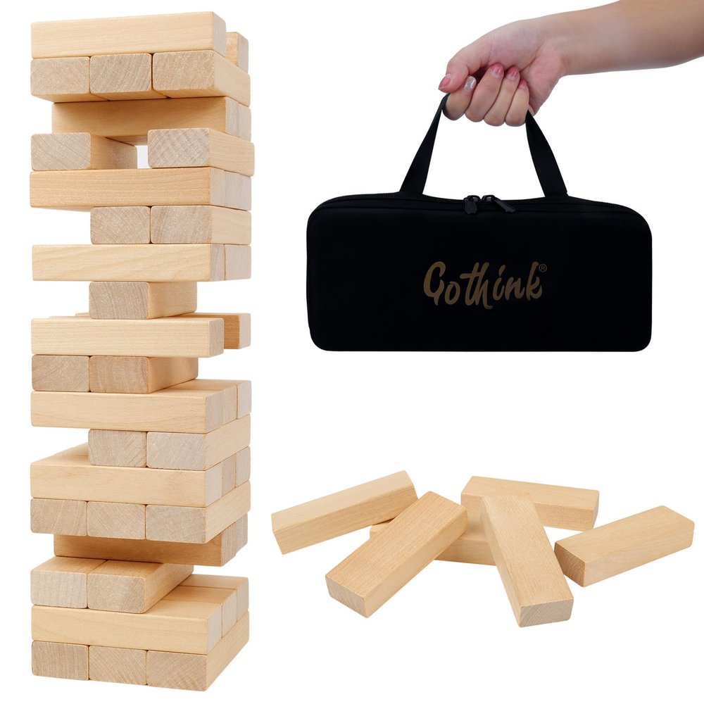 GOTHINK Tumble Tower Game for Kids and Adults, 54pcs Wooden Board Stacking Game for Family Games Night, Classical Wood Blocks Game, Standard Size with Storage Bag