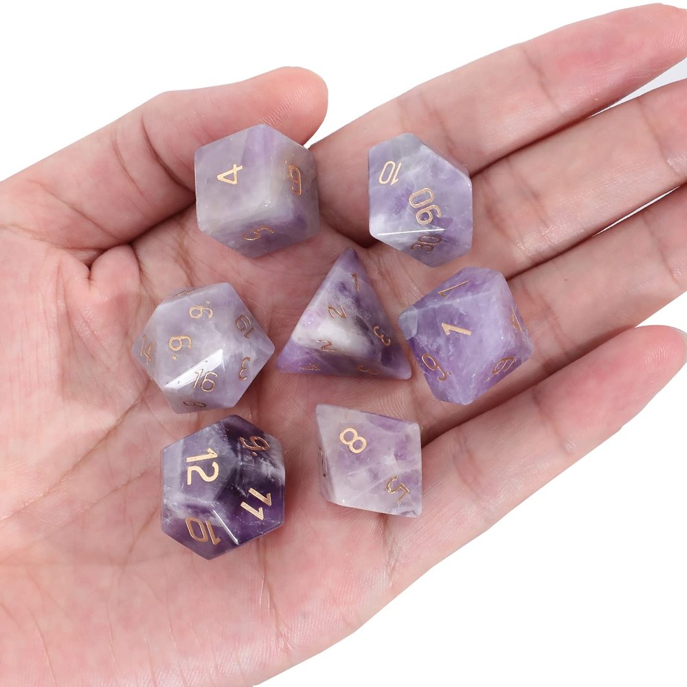 Loveliome 7 PCS Polyhedral DND Dice Stone Crystal Set for RPG Role Playing Games Dungeons and Dragons Table Games, Amethyst