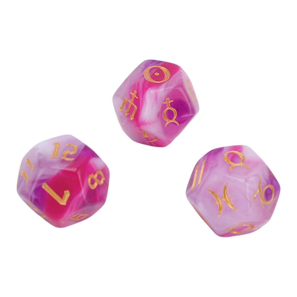 Yhedral Dice Set(3Pcs) DND Dice, Astrological Dice Set 12 Sides Glitter Rune Dice Easy to Read for Table Board Game Toys(Pink)