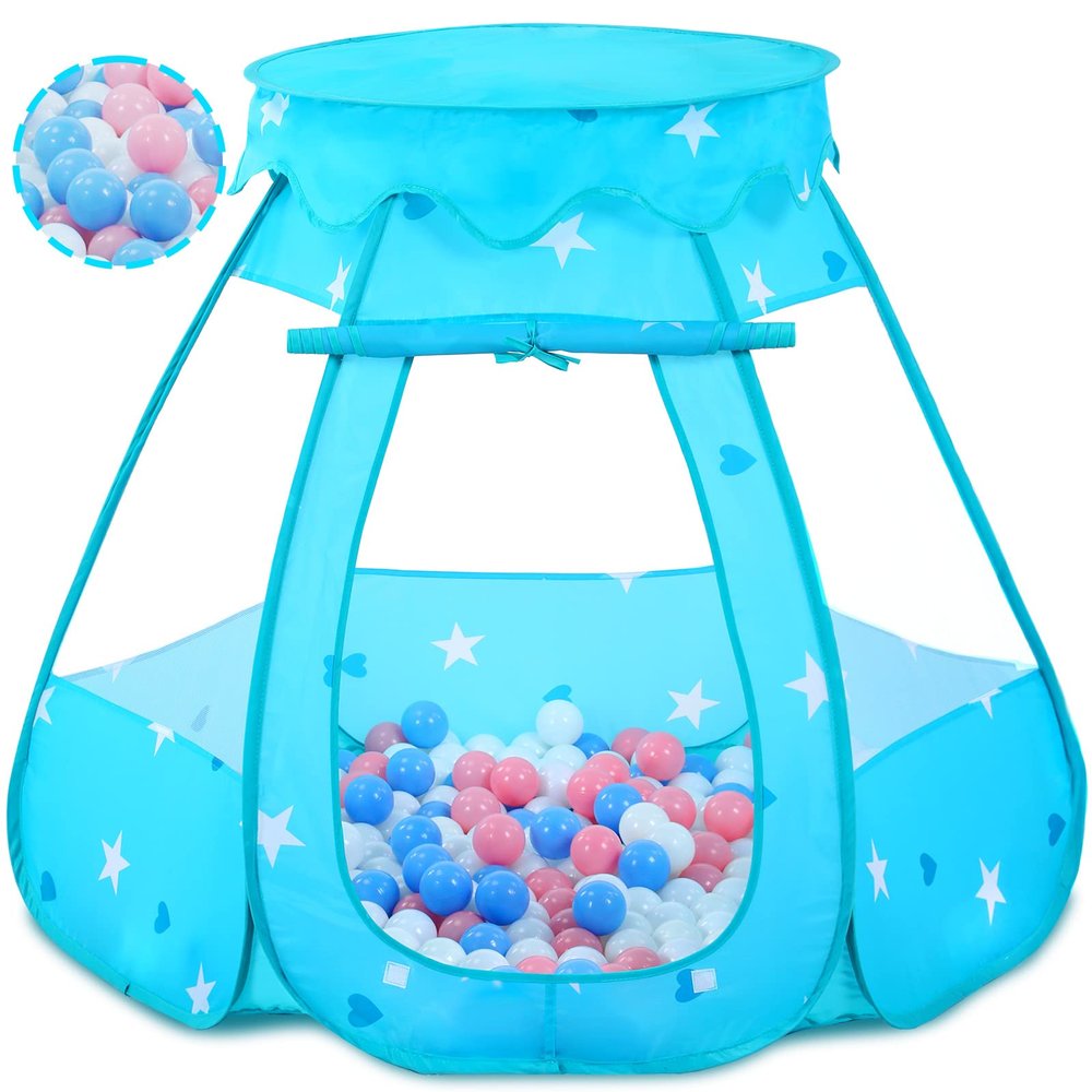 Wilhunter Baby Ball Pit for Toddler with 50 Balls, Kids Pop Up Play Tent for Girls, Princess Toys for Children Indoor & Outdoor Playhouse with Carry Bag (Bule: Pink/White/Babyblue, 109x90cm/50 Balls)